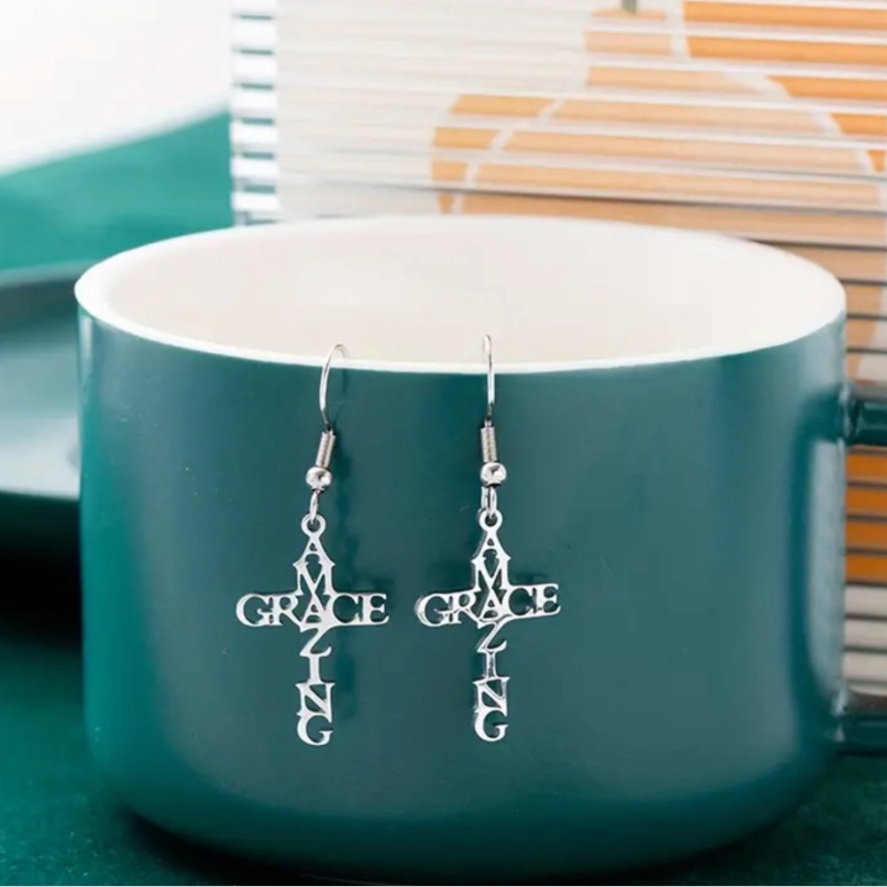Earrings Amazing Grace Cross Shaped Dangle Drop Pierced Earrings Christian